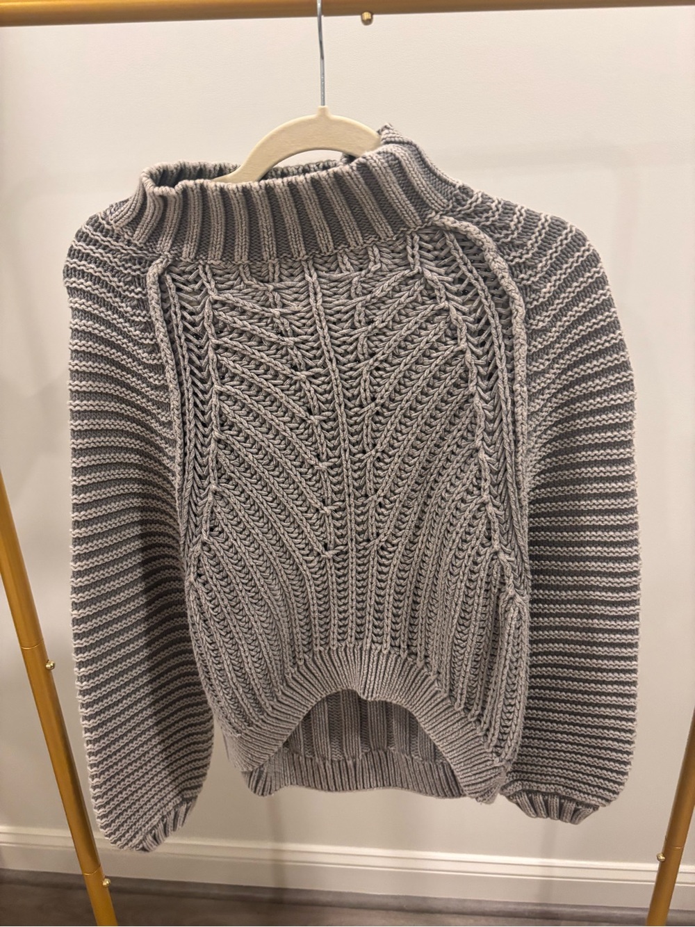 Free People Grey Cable-Knit Mock Neck Sweater